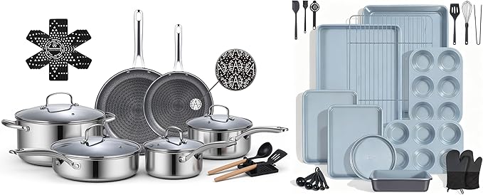 Ammeloo 17 Pcs Nonstick Stainless Steel Cookware Set &amp 22-Piece Baking Pans Set