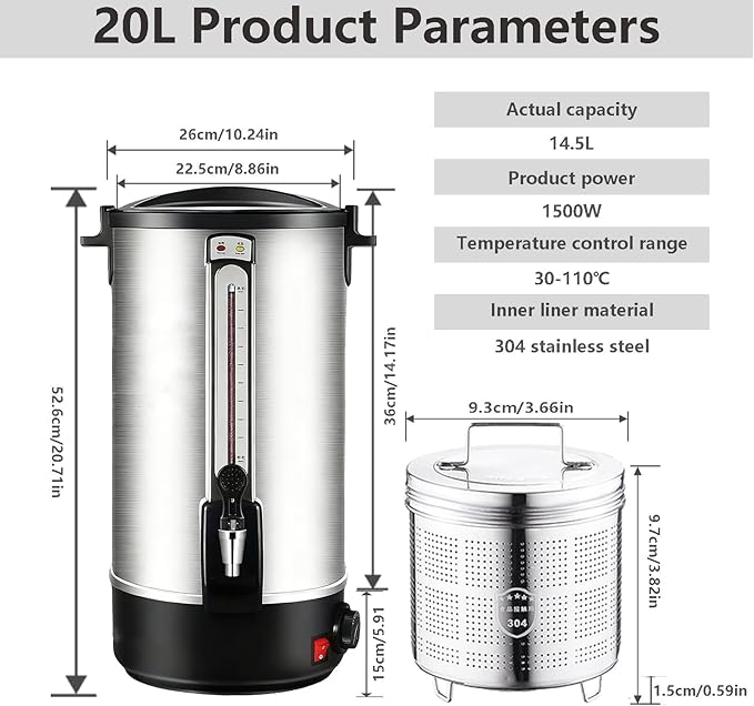 Commercial Grade Coffee Maker Hot Water Urn - Percolator with Double-Wall Stainless Steel Quick Brew Stays Hot for Tea &amp Beverage at Events &amp Catering 20L