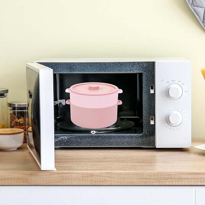 BestYiJo Microwave Rice Cooker 2-Layer Microwave Pasta Cooker and Steamer for Rice Vegetables Quinoa Oatmeal Ramen –Silicone Non-Stick(PINK)