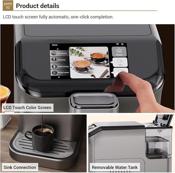 Espresso Machine Built-in Grinder Coffee Maker with TFT Color Screen Automatic Milk Frother Coffee Machine 20 Bar Pump + 15 Grind Settings 1.5L Water Tank + Auto Rinse 120V 1350W Star Gray