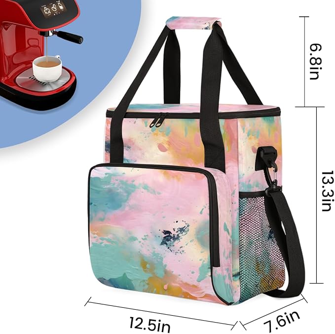 Tie Dyeing Coffee Maker Carrying Bag Pink Watercolor Travel Storage Bag Compatible with K-Mini or K-Mini Plus Single Serve Coffee Brewer Carrying Case with Multiple Pockets &amp Shoulder Strap