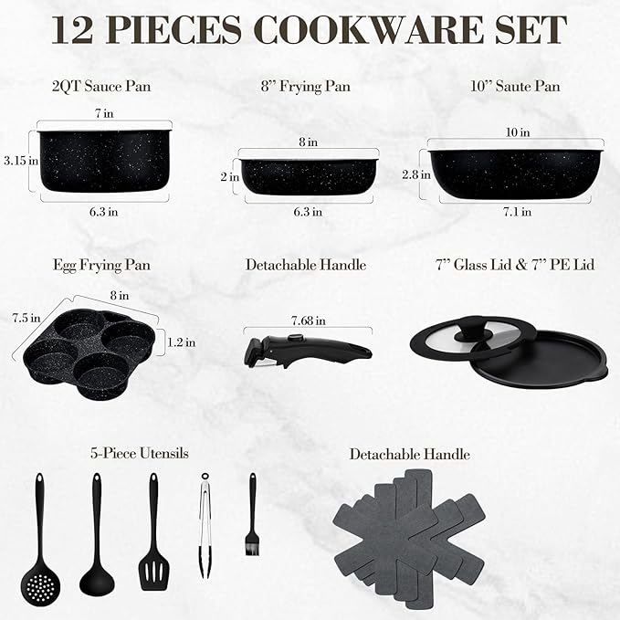 Vesteel 12Pcs Pots and Pans Set Nonstick Cookware Set with Detachable Handle and Egg Frying Pan Stackable RV Kitchen Cooking Utensils Set Black