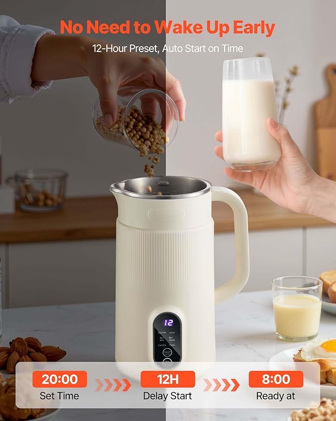 Nut Milk Maker 20oz Soy Milk Machine - 6-in-1 Oat Almond Rice Milk Juice Boil Water Self-Cleaning 12-Hour Delay Plant-Based Beverage Maker