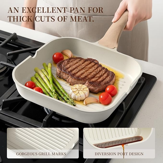 Kikcoin 16Pcs Pots and Pans Set Nonstick Ceramic Cookware Sets Induction Kitchen Cooking Set Non toxic Healthy Non Stick w/Grill PanSaute Pan Ceramic White