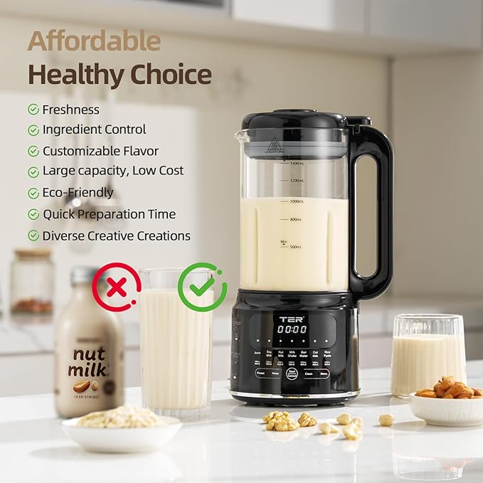 50OZ Nut Milk Maker Machine TER 10-in-1 Soy Milk Maker for Almond/Oat/Soy Milk Juice Milkshake Rice Paste Auto Clean/24H Preset Time/12H Keep Warm with 7 Accessories Black