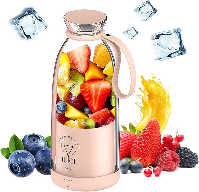 Portable Blender 500ML Personal Blender for Shakes and Smoothies Personal Size Blender Traveling Fruit Veggie Juicer Cup USB Rechargeable with Six Blades for Sports Travel and Outdoors (pink)