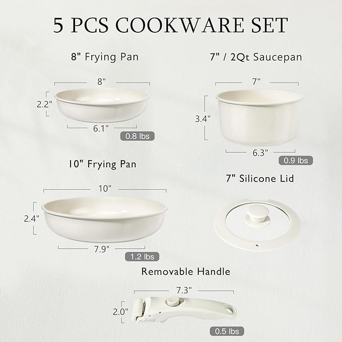 GiPP 5Pcs Pots and Pans Set Non Stick Cookware Sets Nonstick Detachable Handle Induction Kitchen Set Removable Handle RV Cookware set Oven Safe
