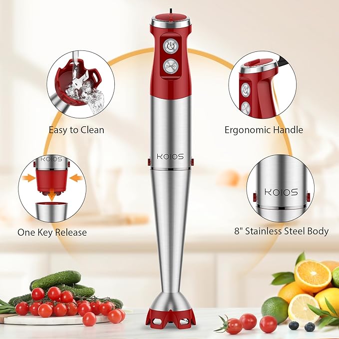 KOIOS Immersion Blender 1000W Anti-scratch 3-in-1 Hand Blender Upgraded 12 Speed Stainless Steel Blade Stick Blender with Turbo Mode Whisk and Milk Frother Non-BPA Red
