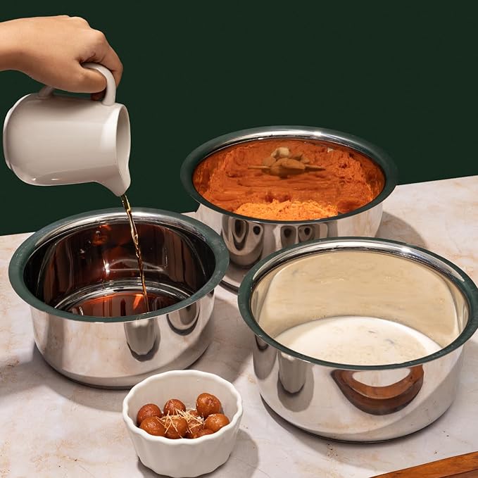Vinod Stainless Steel 3 pc Pot Set with Capacity of 1.4 litres 1.8 litres &amp 2.2 litres with Stainless Steel Lids (Gas Stove and Induction Friendly) - Silver