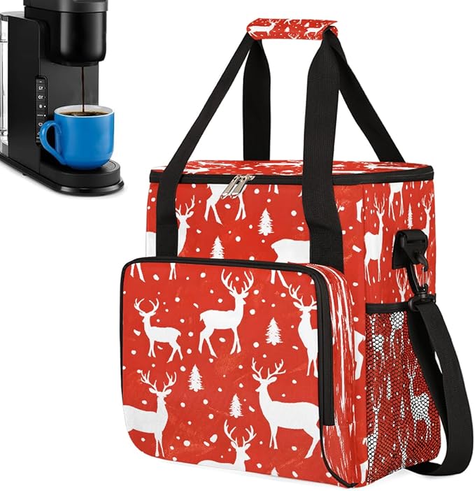 Christmas (748) Coffee Maker Carring Bag Travel Carrying Storage Tote Bag Compatible with Keurig K-Mini or K-Mini Plus Portable Single Serve Coffee Brewer Case with Pockets for K-cup Pods