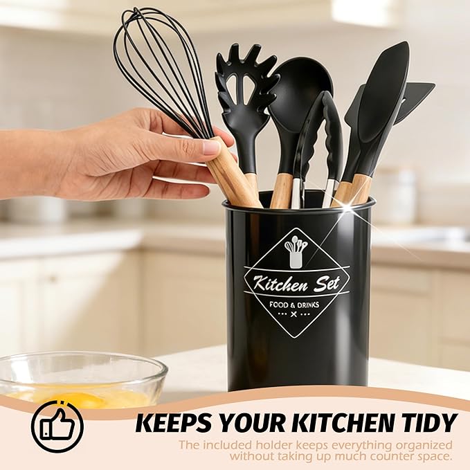 BlingKingdom Premium Silicone Cooking Utensil Set 24-Piece Non-stick Kitchen Cooking Utensils with Wooden Handle 446°F Heat Resistant Silicone Kitchen Utensil Tool for Nonstick Cookware - Black