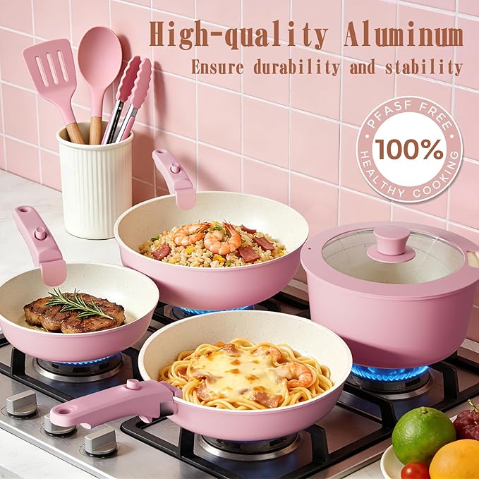 Umite Chef Pots and Pans Set Non Stick 21 pcs Nonstick Ceramic Cookware Set RV Kitchen Cooking Set with Detachable Handles Oven Safe Induction Cookware Stackable Pink PFAS PFOA &amp PTFE Free