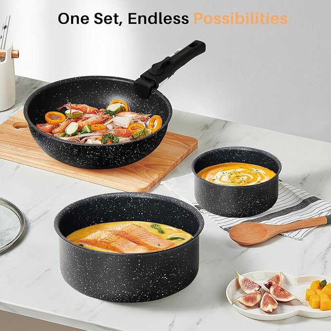 12 PCS Pots and Pans Set Non Stick Kitchen Induction Cookware Oven-Safe Stackable RV Cookware with Detachable Handle Black