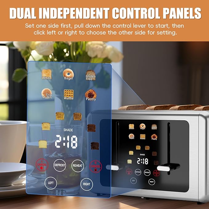 4 Slice ToasterTouchscreen &amp Dual Independent Control Panel5 Basic Functions &amp Digital Countdown Toasters6 Shade Settings＆6 Bread TypesSmart Bread Maker Mute/Screen-Off Silver