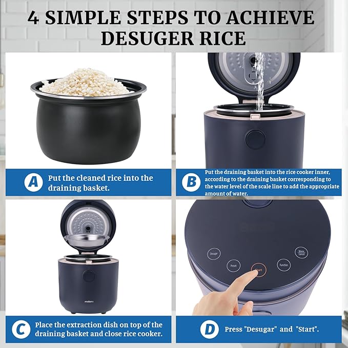 Hakka Low Carb Rice Cooker 7 Functions Desuger Rice Pot 4 Cups Uncooked Rice with Stainless Steel Steamer MINI Smart Cooker Non-stick Removable Inner Pot 24H Delay Timer