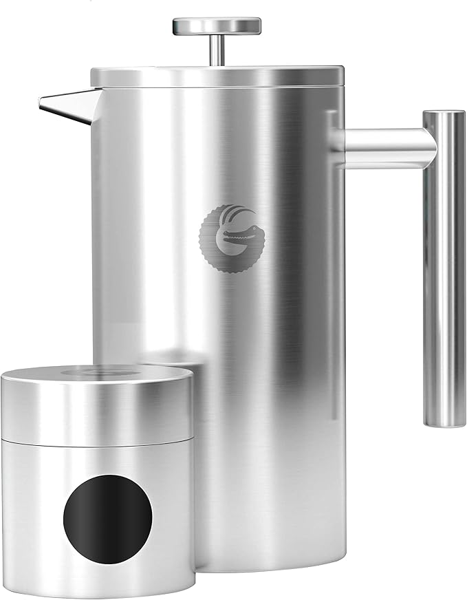Coffee Gator French Press Coffee Maker 34oz Silver and Coffee Canister - 22oz Airtight Stainless Steel Kitchen Food