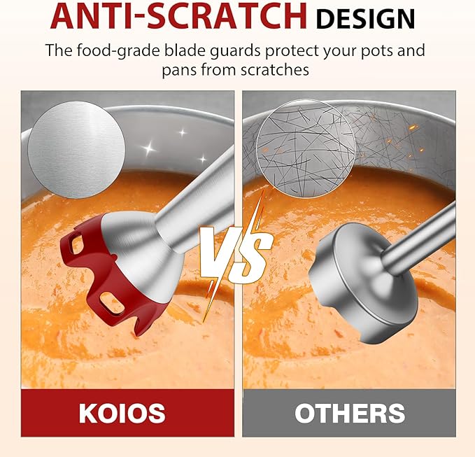 KOIOS Immersion Blender 1000W Anti-scratch 3-in-1 Hand Blender Upgraded 12 Speed Stainless Steel Blade Stick Blender with Turbo Mode Whisk and Milk Frother Non-BPA Red