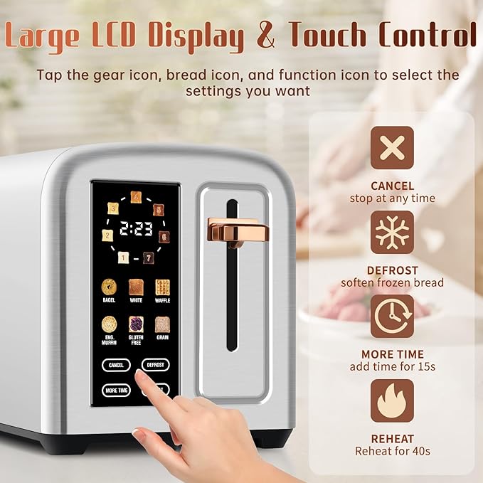 SEEDEEM Toaster 2 Slice with Touch Screen Faster Heating Speed 7 Shade Setting 6 Bread Type 1.5”Wide Slots Toaster Removable Crumb Tray 1350W Silver Metallic