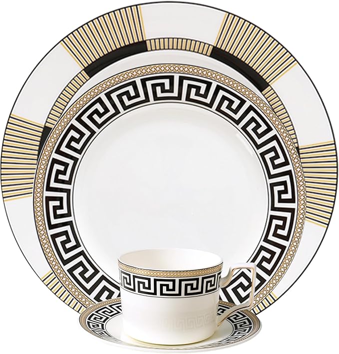 Bone Dinner Plates with China Teacup and Saucer Set for 2 8 Pieces Black and Gold Dinnerware Set Elegant Dish Set for Afternoon Tea Dessert Wedding and Home Décor