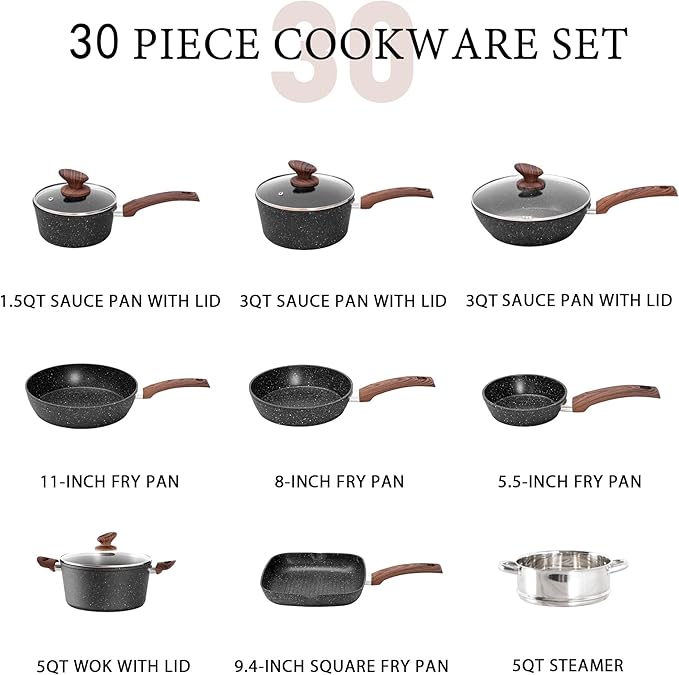 MAISON ARTS 30 Piece Pots and Pans Set Non Stick Kitchen Cookware &amp Bakeware Sets with Nonstick Granite Coating Baking Tray Frying Pan and Saucepan Black