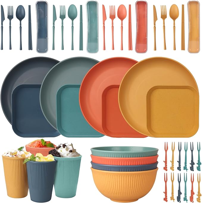 48 Pcs Dinnerware Sets Unbreakable Plates and Bowls Sets Reusable Dinnerware Sets for 4 People Travel Camping Picnic Home Party Cutlery Set Dishwasher Microwave Safe Dishes