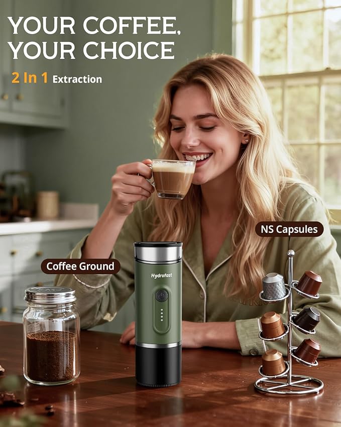 Portable Espresso Machine 9600mAh Travel Electric Coffee Maker with 20 Bar Self-Heating Lightweight Car Coffee Machine with NS Capsules &amp Grounds for RV Hiking Camping Office