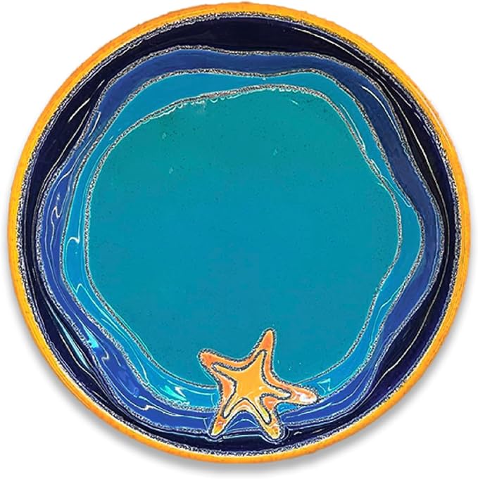 Artesa Vega Caribe Coastal Dinnerware Set Turquoise and Navy Blue with Gold Trim Handmade &amp Hand-Painted Ceramic 6-Piece Place Setting Seashell Design Microwave Safe