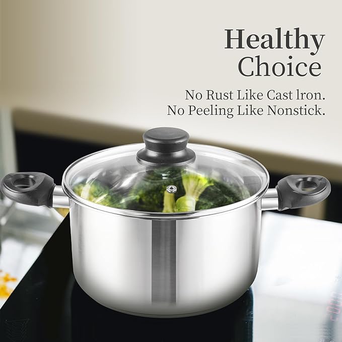 6-Piece Stainless Steel Cookware Set with Glass Lids Stay-Cool Handles | Fry Pan Saucepan Sauce Pots | Compatible with Induction Electric Gas Stovetops | PFOA-Free Dishwasher Safe