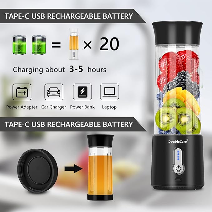 Portable Blender for Shakes and Smoothies500ml Electric Juicer 4000mAh Smoothie Blender with BPA-Free Material USB Rechargeable Fresh Juice Blender for Travel Gym Outdoors and Home Black