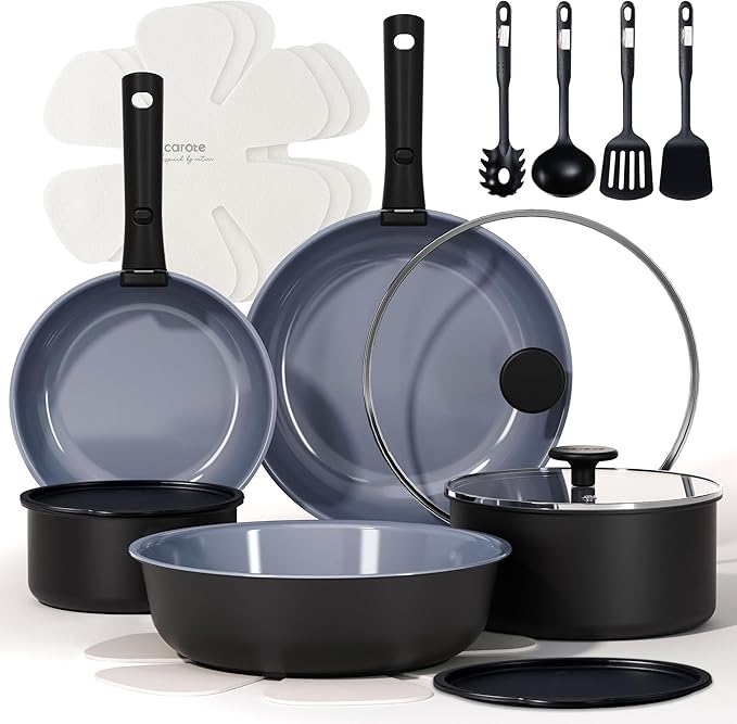 CAROTE 19PCS Ceramic Cookware Sets Black and Gray Pots and Pans Set Non Stick Non Toxic Induction Cookware Kitchen Cookware Sets Pots Set for Healthy Cooking
