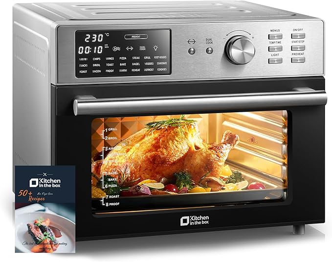 Kitchen in the box 32QT Extra Large Air Fryer Toaster Oven Combo 21-in-1 Countertop Convection Toaster Oven with Rotisserie and Dehydrate 6 Accessories 1800W Dual Cook Preset (Silver)