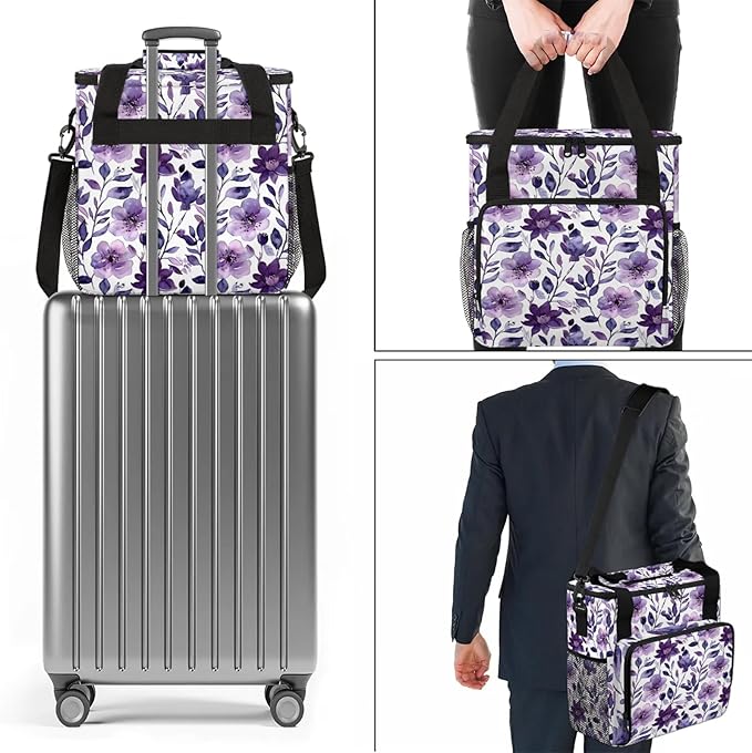 Flower Purple Coffee Maker Carring Bag Large Insulated Storage Organizer Case Tote Bags with Shoulder Strap for Travel Work Picnic