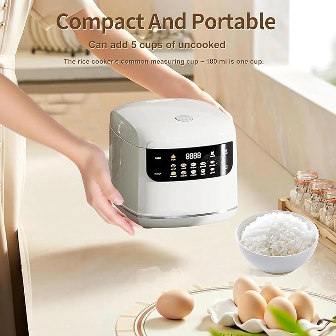 NUNET Electric Mini Rice Cooker 5 Cups Small Rice Cooker Portable 10-in-1 Smart Multi-Functional Cooker Time Control 400W for Soup Mixed Grain Rice Oatmeal Porridge w. Non-Stick Inner Pot (White)