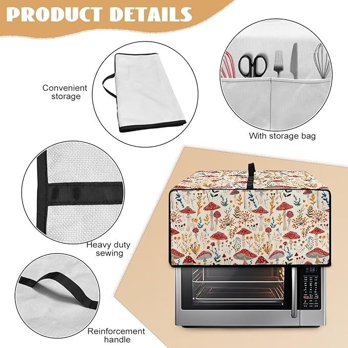 Heat-Resistant Toaster Oven Cover Faux Linen Polyester Appliances Dust Cover for Convection Toaster Oven Air Fryer with Top Handle Side Pockets Red Mushroom