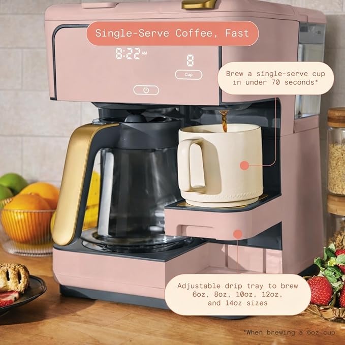 Multi Brew Coffee Maker with Single Serve and Carafe Brewing Options for Countertop Home Use (Rose)