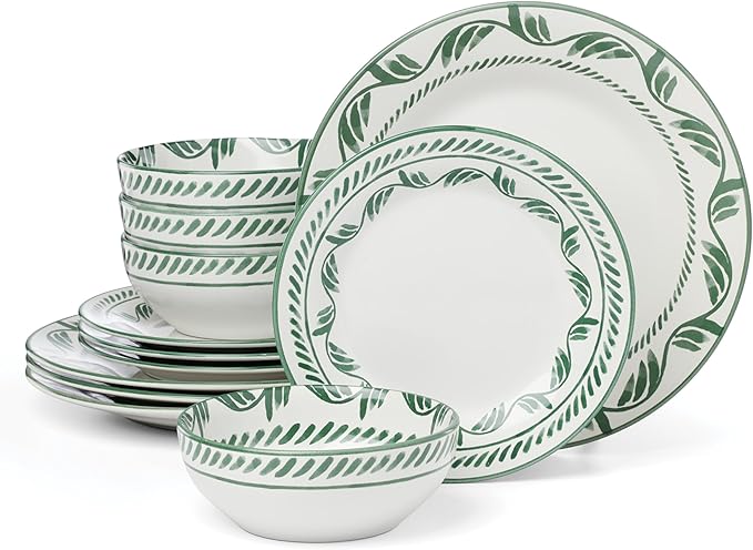 Oneida Dinnerware Set Solear Green 12-Piece Set Service For 4 Stoneware Material Dishwasher Safe &amp Microwave Safe Home Kitchen And Dining Dinner Plates And Bowls Sets (Green 12 Pieces)