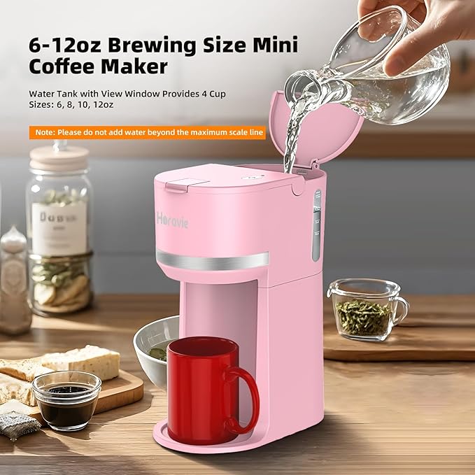Mini Single Serve Coffee Maker for K Cup and Ground Coffee Fast Brew One Cup Coffee Machine with Descaling Reminder and Water Window 6 to 12 oz. Brew Sizes Pink