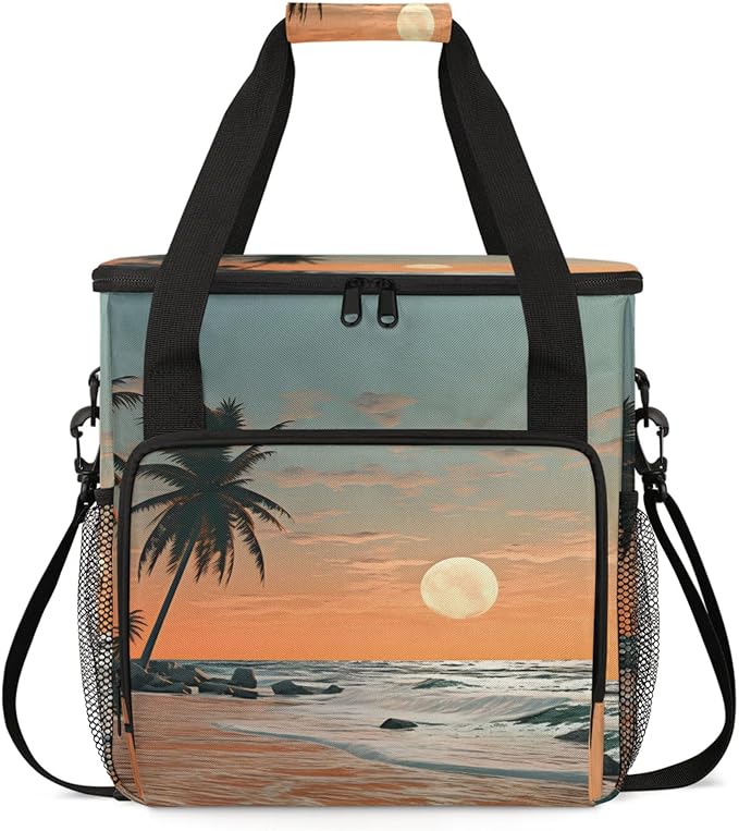 Beach Sunset Landscape Coffee Maker Travel Bag for Keurig K-Mini/K-Mini Plus Insulated Waterproof Tote with Pockets for K-Cup Portable Single-Serve Brewer Case