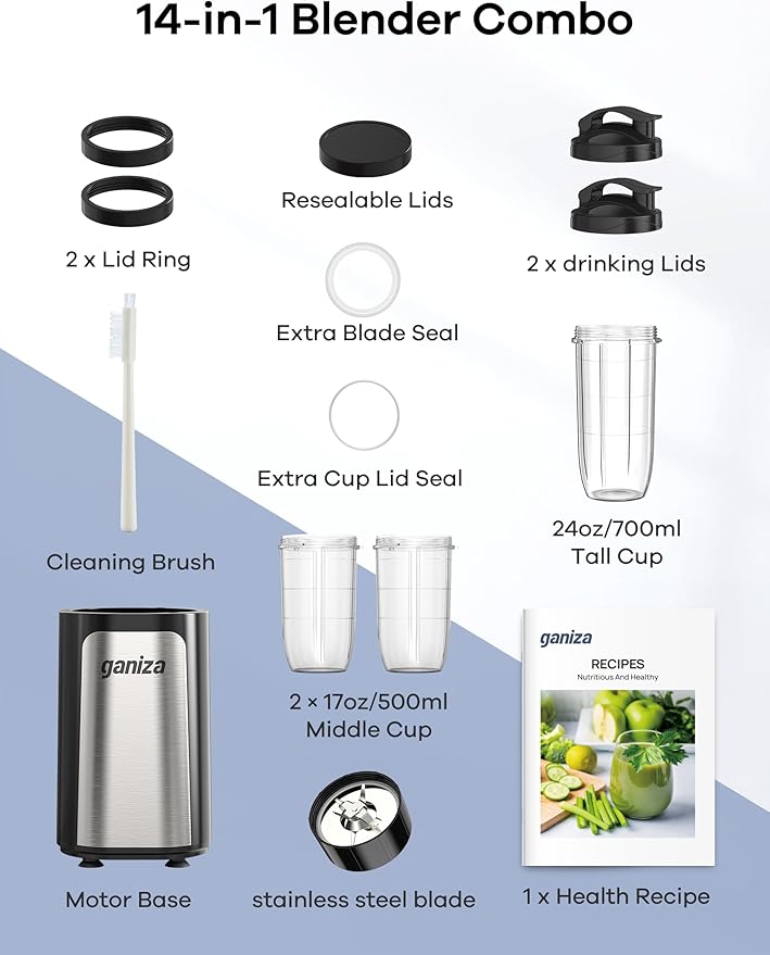 Ganiza Blender for Smoothies 14Pcs Personal Blender for Shake and Smoothies for Kitchen with 3 Portable Cups (1x24oz &amp 2X17oz) Single Serve Smoothie Maker Nutritious Recipe