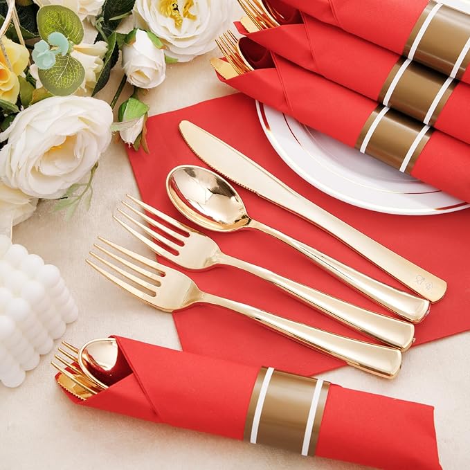 Nervure 400PCS Pre Rolled Gold Plastic Silverware Sets - Heavy Duty Gold Cutlery - Include 100 Pack Wrapped Disposable Utensils with Red Napkins for Christmas &amp Party &amp Wedding