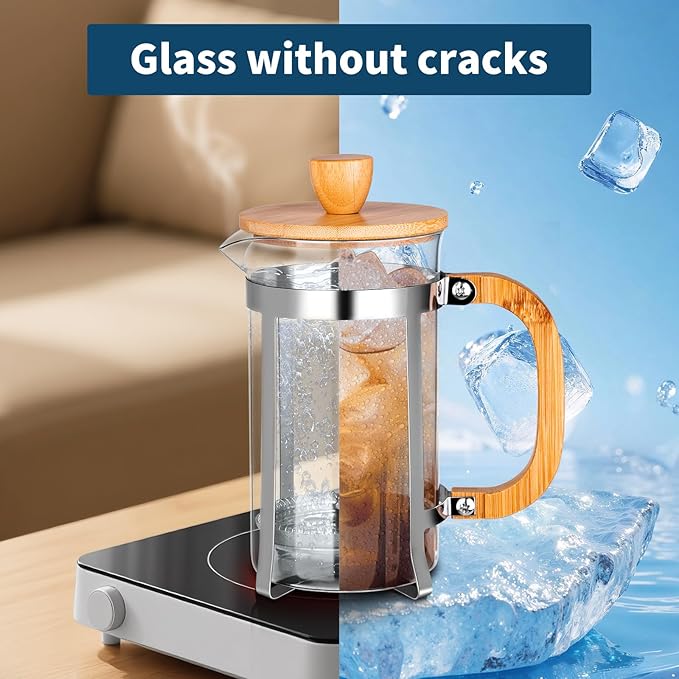 MERMOO YILAN French Press Coffee Maker &amp Tea Press 20oz Borosilicate Glass Carafe Plastic-Free Small Coffee Maker for Loose Leaf Tea Cold Brew &amp Milk Frothing Includes Measuring Spoon