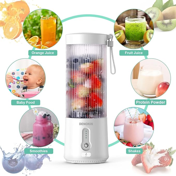 DENOKIN Portable Blender 16oz Vessel Cordless Personal Size Small Blender for Shakes and Smoothies with 6 Blade for Kitchen Home Travel