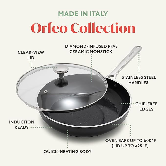 Orfeo 3QT Nonstick Saute Pan with Lid Made in Italy Diamond Ceramic PFAS-Free Cookware Induction Ready Scratch Resistant Laser-Fused Surface for Durability Dishwasher Safe Black