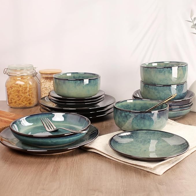 Ceramic Dinnerware (16 pcs) Serve 4 people Plates and Bowls Sets Reactive Glaze Dishes Set Chip Resistant and Scratch Resistant Dishwasher Microwave Safe Suitable for dinner parties