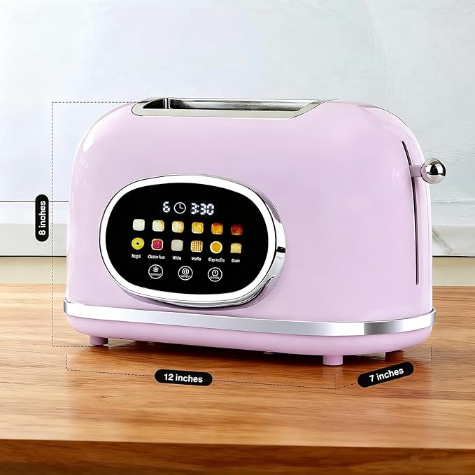 Roter Mond 2 Slice Toaster Smart Touch Screen Retro Stainless Steel Bread Toaster with Digital Timer Sleep Mode Bagel Cancel and Defrost Functions 6 Bread Types and Shade Settings Light Purple