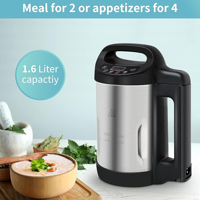 Soup Maker 1.6 L 4 in 1 Multi-Funcation Soup and Smoothie Maker with Smart Control Panel Stainless Hot Soup Maker Electric Makes 2-5 Servings Living for Home Use Black