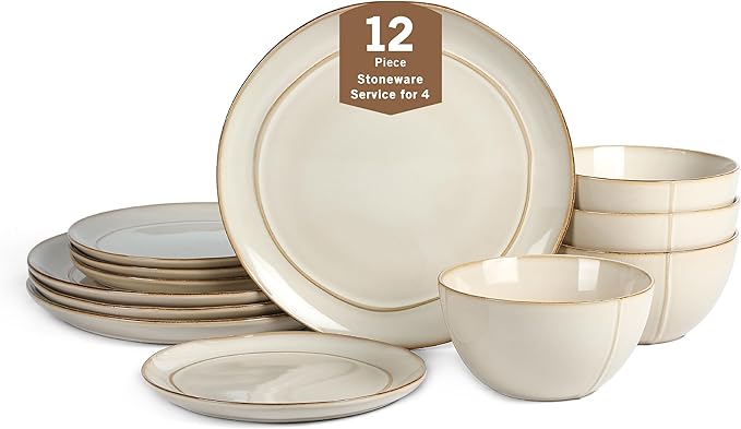 Stone Lain Infinity 12-Piece Dinnerware Set Stoneware Plates and Bowls Set Dishwasher and Microwave Safe Dish Set for 4 Beige