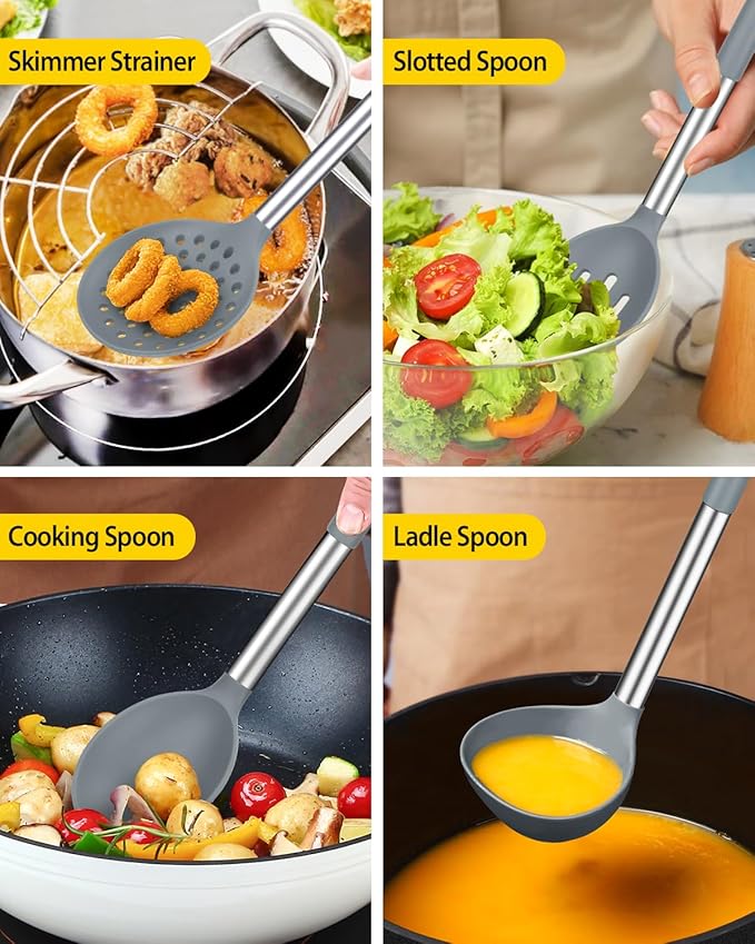 Silicone Cooking Utensil Set 8Pcs Non-stick Cookware with Stainless Steel Handle BPA Free Heat Resistant Kitchen Tools with Spatulas Turnesr Spoons Skimer and Pasta Fork (GRAY)