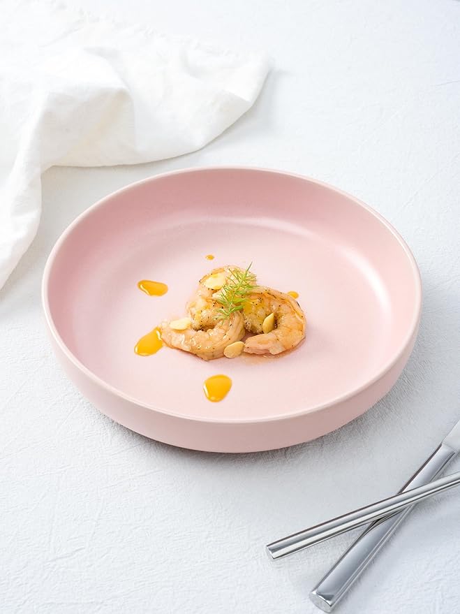 Famiware Milkyway Plates and Bowls Set 12 Pieces Dinnerware Sets and 4 Pieces Pasta Bowls Double Reactive Glaze Sturdy &amp Stackable Stoneware Dishes Set for 4 Light Pink