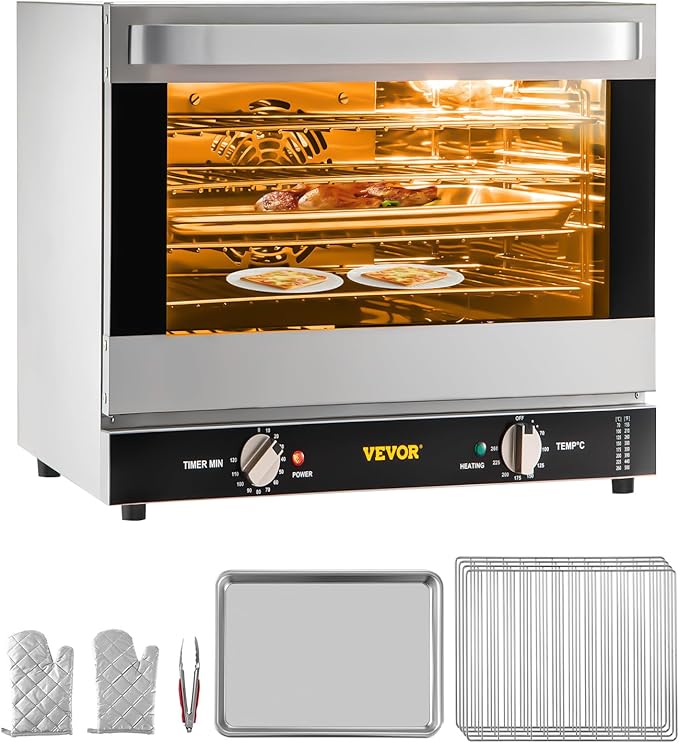 VEVOR Commercial Convection Oven 66L/60Qt Half-Size Conventional Oven Countertop 1800W 4-Tier Toaster w/Front Glass Door w/Trays Wire Racks Clip Gloves 120V